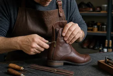 Profissional consertando um zíper de bota, com ferramentas específicas.