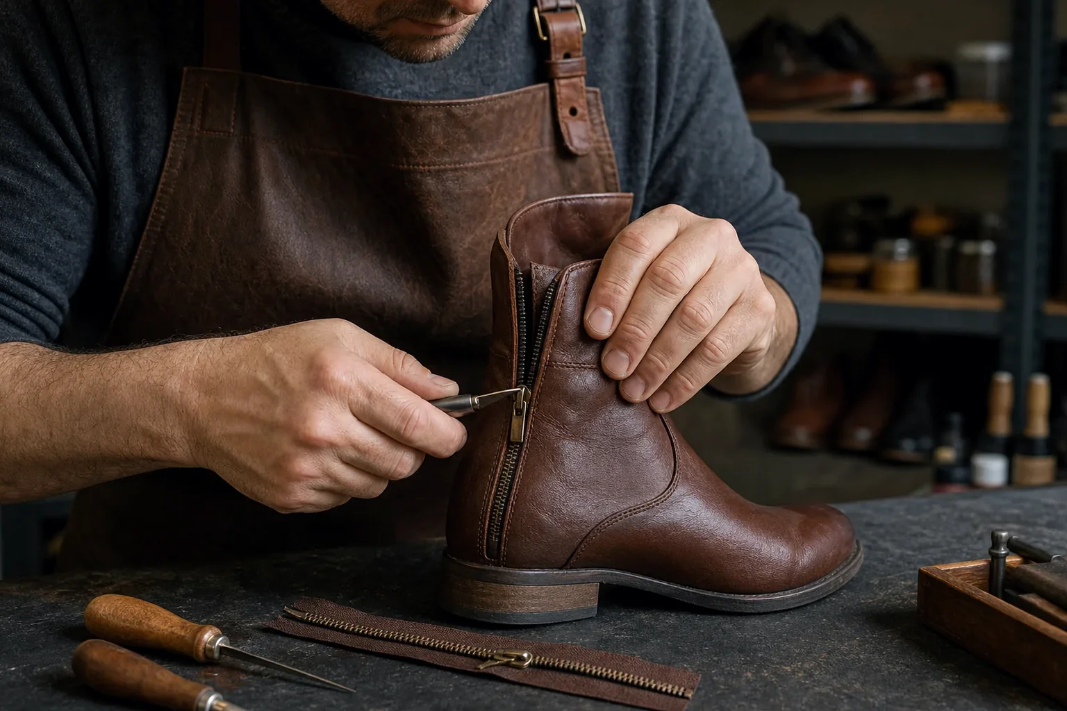 Profissional consertando um zíper de bota, com ferramentas específicas.