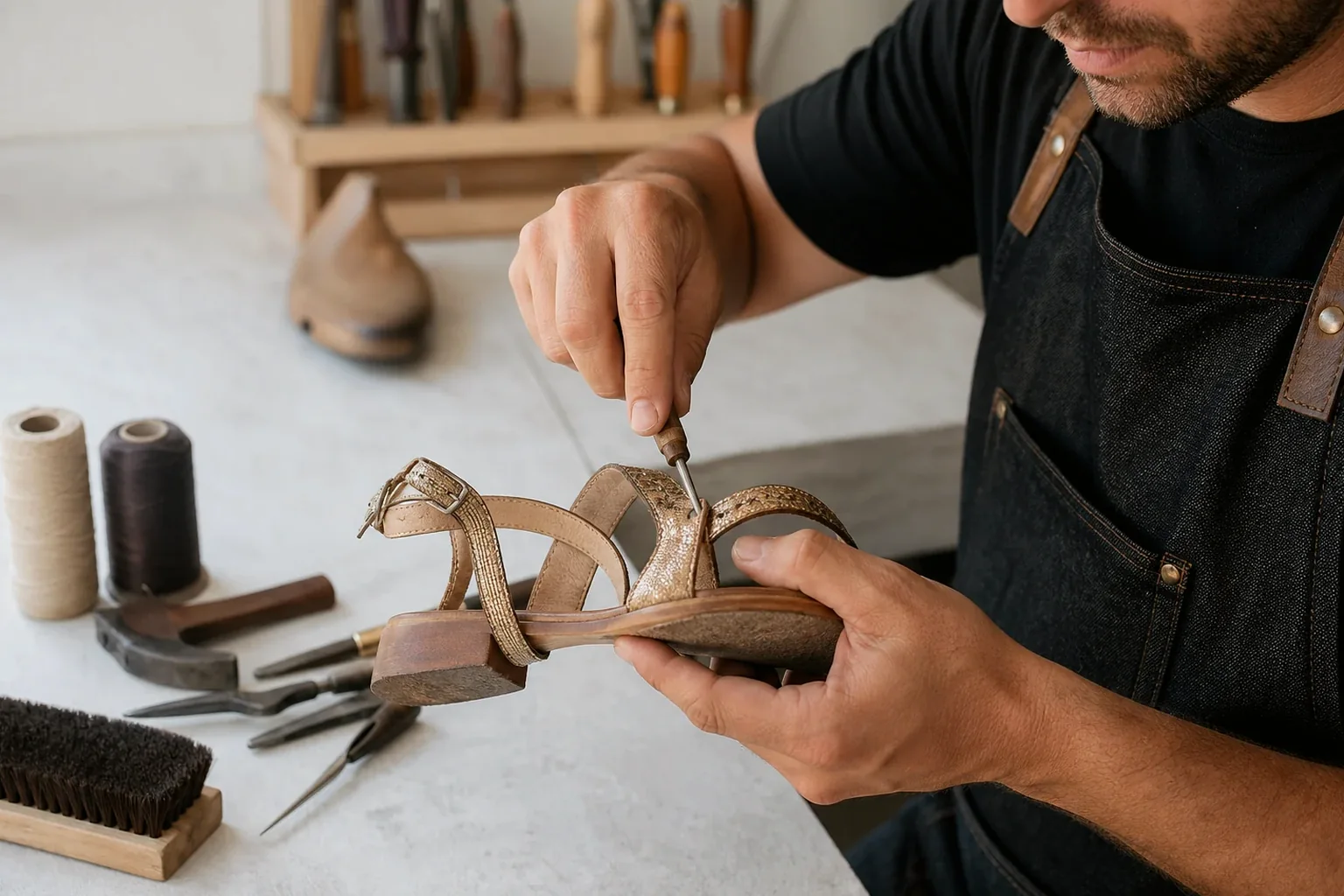 Profissional consertando uma sandália, com ferramentas e materiais ao redor.