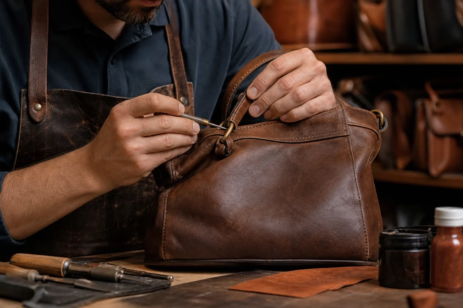 Profissional reformando bolsa de couro, utilizando ferramentas adequadas.
