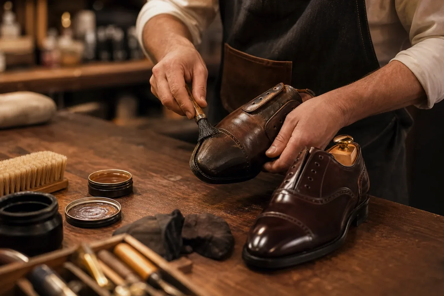 Profissional reformando sapato social, utilizando ferramentas e materiais.